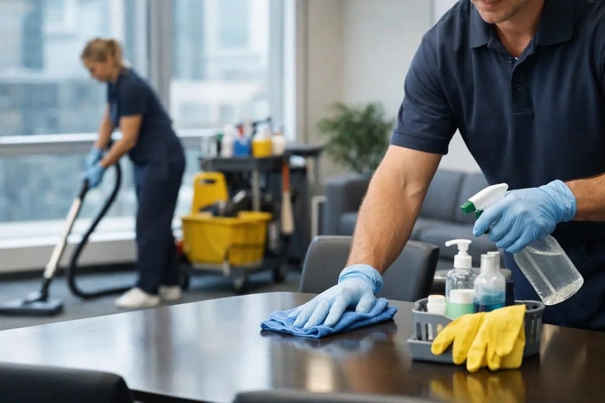 Two cleaners at work in a bright office in Abu Dhabi: one wiping a table with a cloth and spray, the other vacuuming beside a cleaning trolley